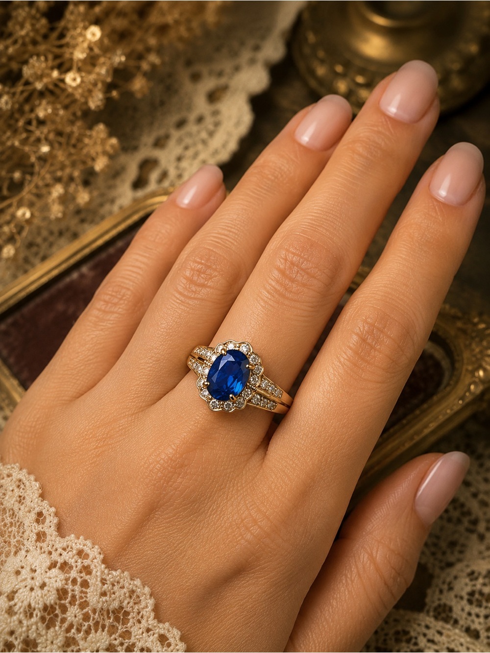 MACY’S • Gold 925 Vermeil Halo Crystal Sapphire Estate Ring - Picture 2 of 9